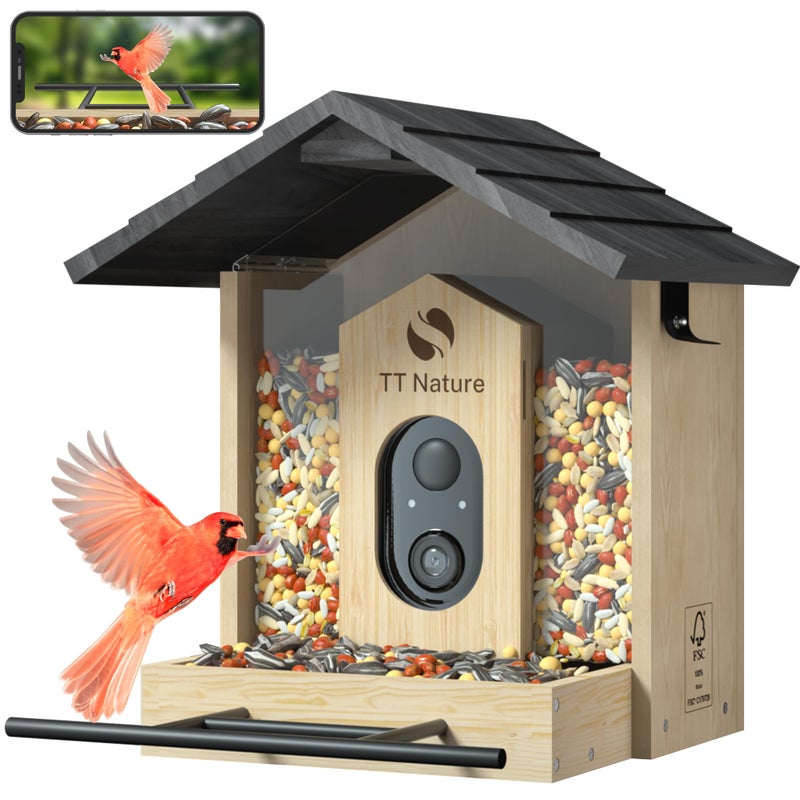 TT Nature Bird Feeder with Camera  Upgraded 1.5L Smart Bird Feeder with AI Identify for 10000+ Bird Species  Auto Capture Bird & Real-time Notifications  Ideal Gift for Bird Lover (Wooden Roof) - Image 1